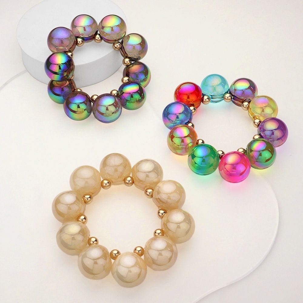 Fuchsia Iridescent Ball Bracelet Chunky Bubble Beaded Fun Statement Jewelry - Picture 3 of 3